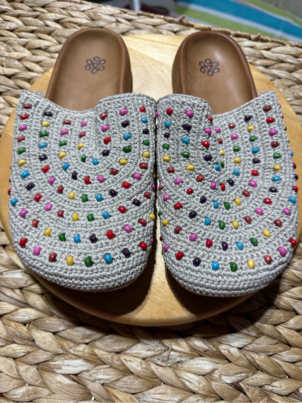 The Sak Beige Crochet Slide Mules with Multicolor Bead Embellishments